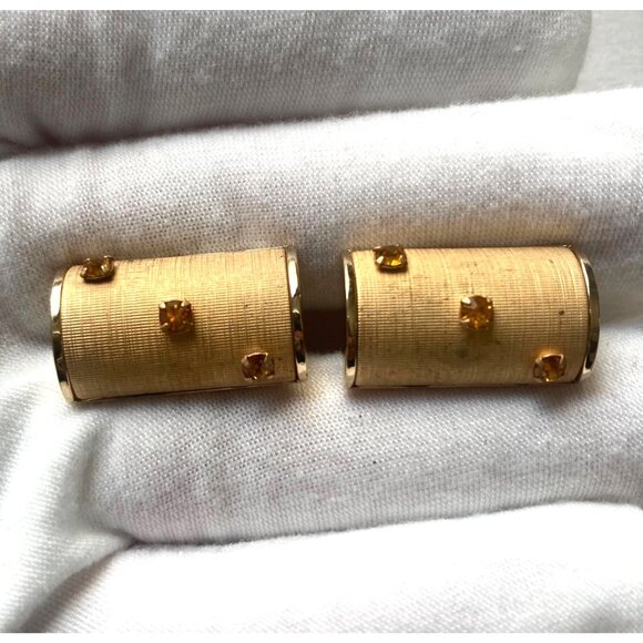 Vintage Swank Gold Tone Barrel Cufflinks Orange Rhinestone Mod Mid Century - Picture 1 of 6